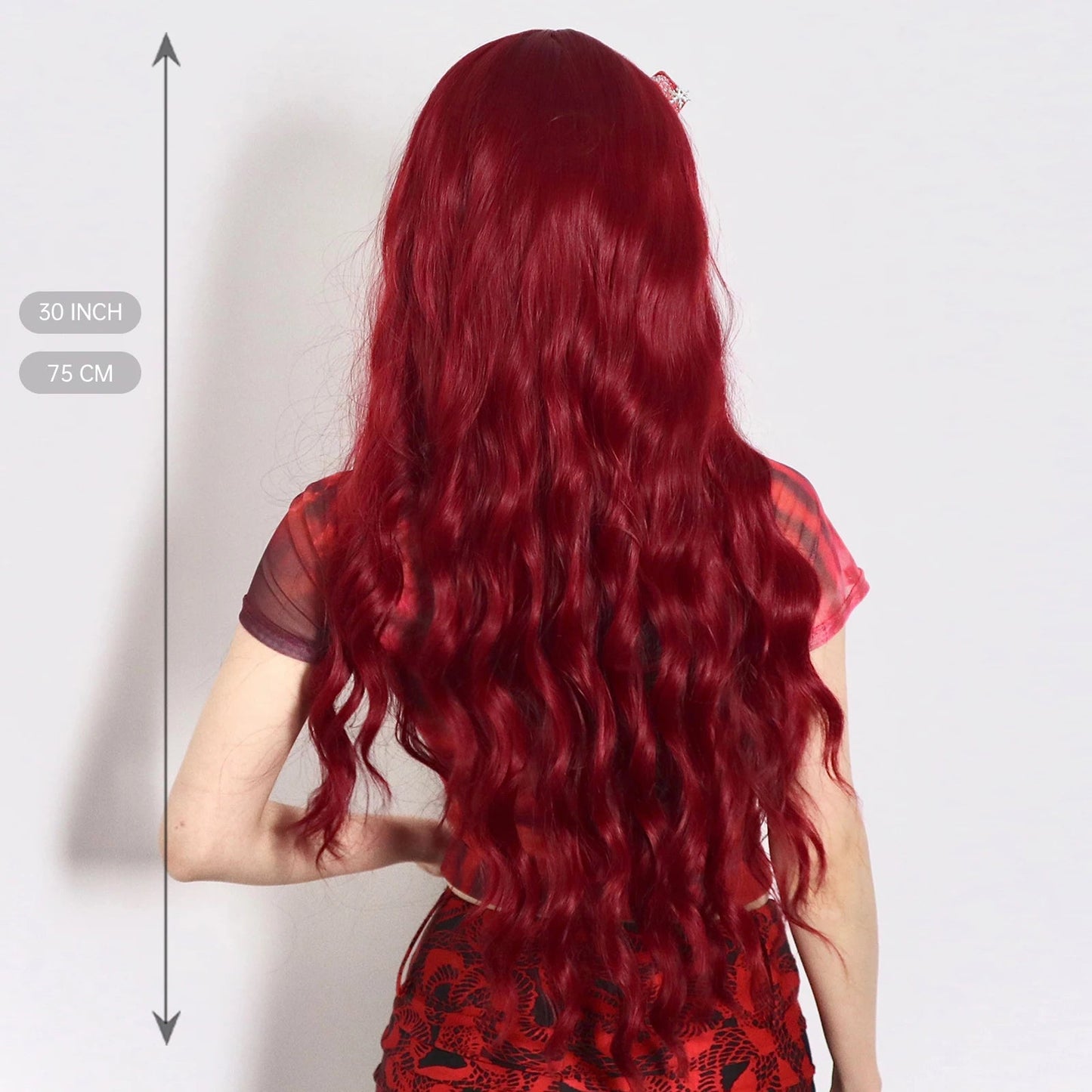 Wine Red Burgundy Synthetic Wigs for Women Long Curly Wave Cosplay Party Red Wigs with Bangs Natural Heat Resistant Daily Wigs Good Vibrations