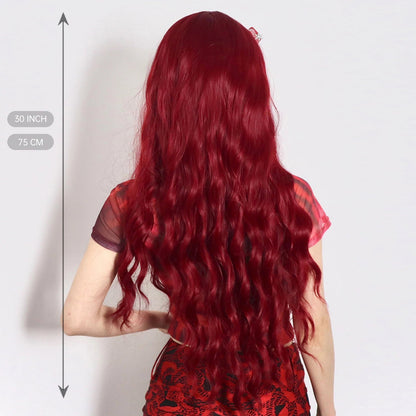 Wine Red Burgundy Synthetic Wigs for Women Long Curly Wave Cosplay Party Red Wigs with Bangs Natural Heat Resistant Daily Wigs Good Vibrations