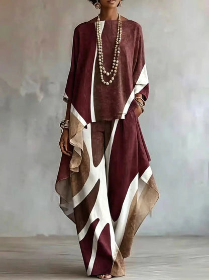 Women 2 Piece Outfit Set Print Top & Wide Leg Pants Loose Casual Ladies Boho Matching Suit Autumn Fashion Elegant Sets New Good Vibrations