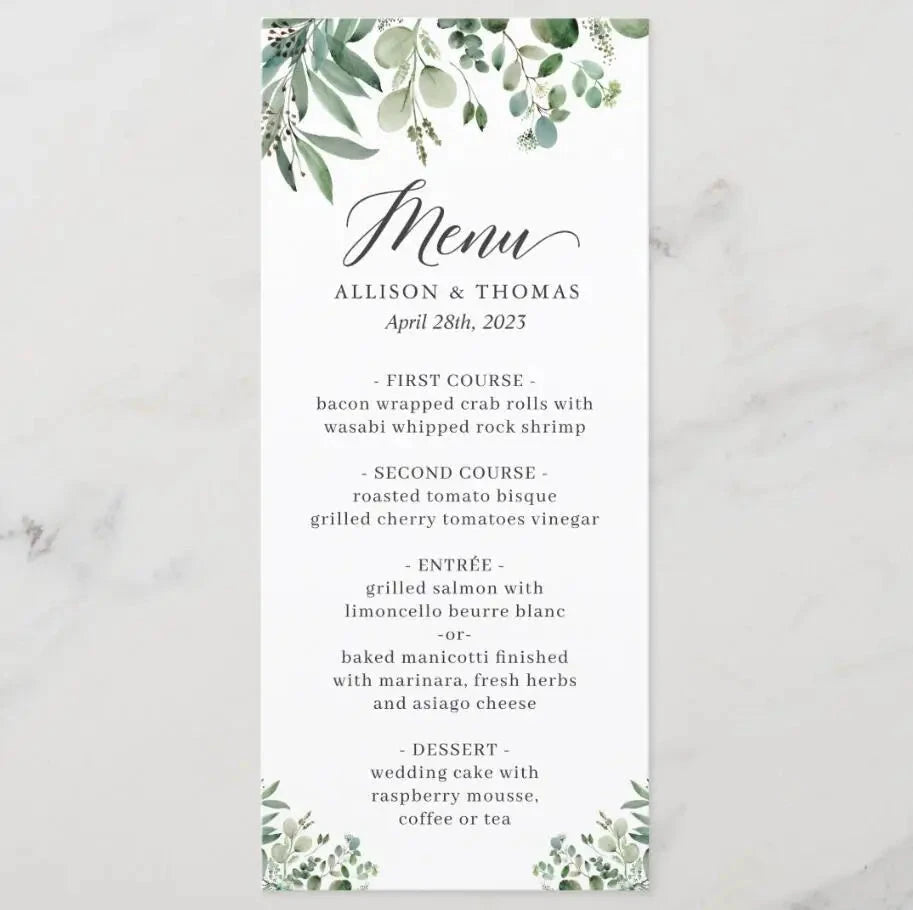 Customizable Wedding Menu, Personalized Wedding Menu, Green leaves and Flowers Menu Cards for Wedding, Custom Wedding Table Menu Good Vibrations