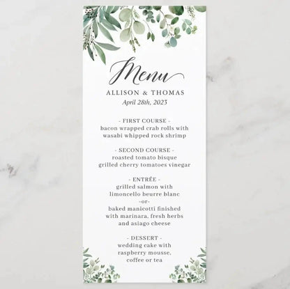 Customizable Wedding Menu, Personalized Wedding Menu, Green leaves and Flowers Menu Cards for Wedding, Custom Wedding Table Menu Good Vibrations
