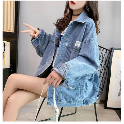 Casual Long Sleeve Denim Shirt Women's Versatile Spring Autumn Wear Multiple Times Outerwear Polyester Fiber Loose Fit Good Vibrations