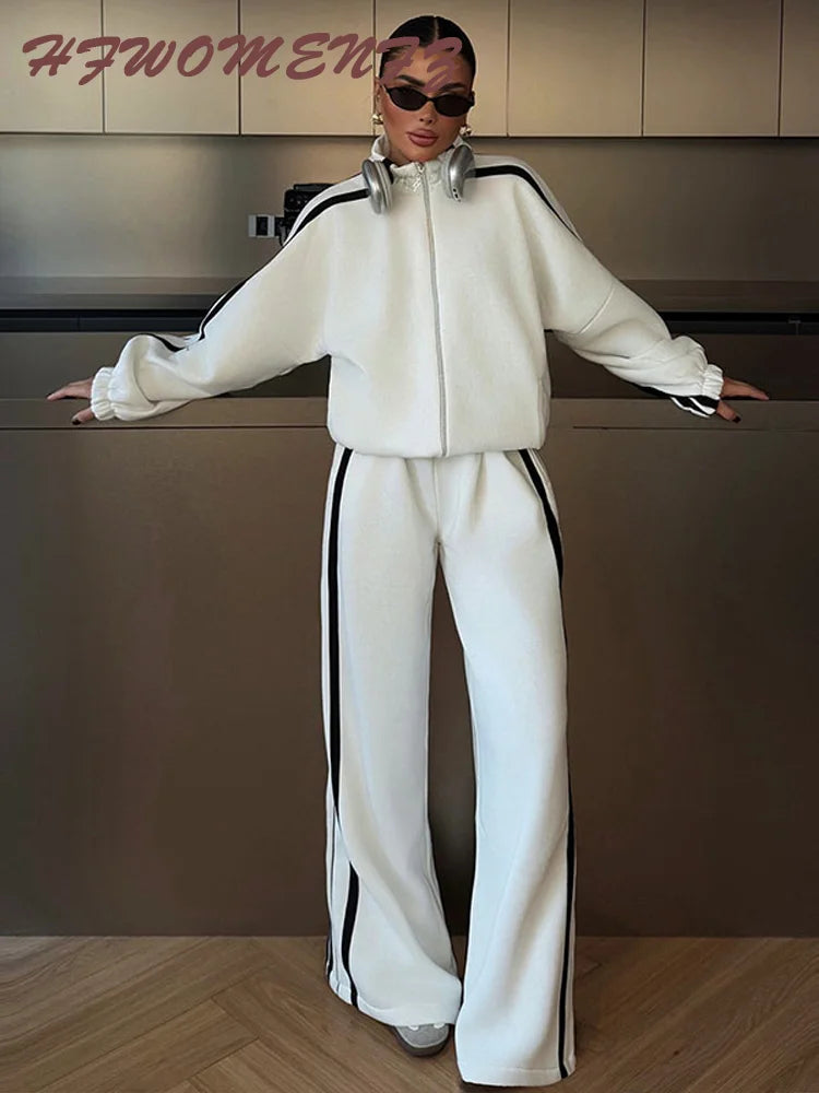 Stripe Contrasted Sweatshirt Pant Set Women Casual Stand Collar Full Sleeve Zippers Sport Coat Wide Leg Trousers 2 Piece Sets Good Vibrations