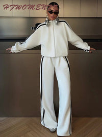 Stripe Contrasted Sweatshirt Pant Set Women Casual Stand Collar Full Sleeve Zippers Sport Coat Wide Leg Trousers 2 Piece Sets Good Vibrations