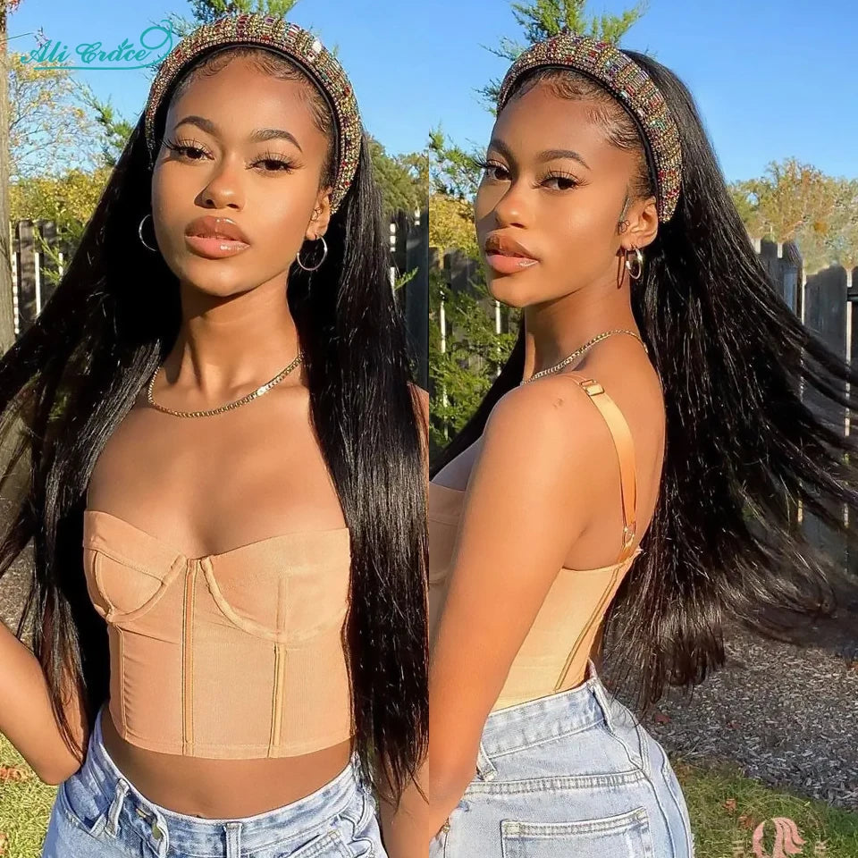 Ali Grace Glueless Wigs Straight Human Hair Wigs for Women Headband Hair Wigs With Adjustable Bangs Brazilian Straight Hair Wigs Good Vibrations
