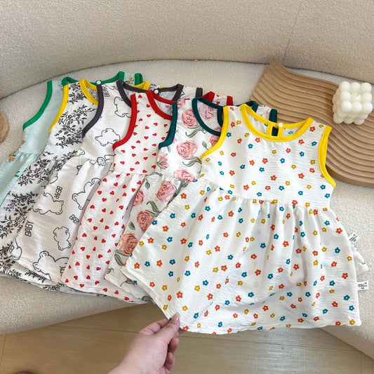 Fashion Baby Girls Clothes Baby Girl Leisure Dress Baby Clothing Printed Sleeveless Girls Dress Newborn Princess Dress Good Vibrations