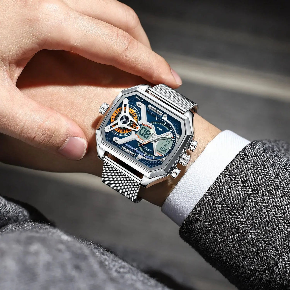 POEDAGAR Top Fashion Men Clock Rectangle Waterproof Date Week LED Man Watch Electronic Mesh Stainless Steel Quartz Men's Watches Good Vibrations