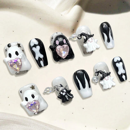 Handmade Press on Nails Cute White Ghost 3D Crystal Decor False Nails Full Cover Wearable Sweet Cool Girls Halloween Fake Nails Good Vibrations