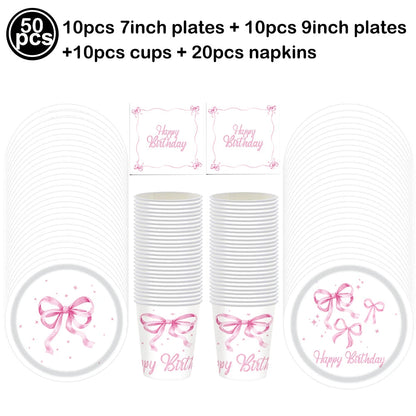 Pink Bow Birthday Party Supplies Disposable Bow Themed Tableware Set Engagement Wedding Girls Birthday Bachelorette Party Decor