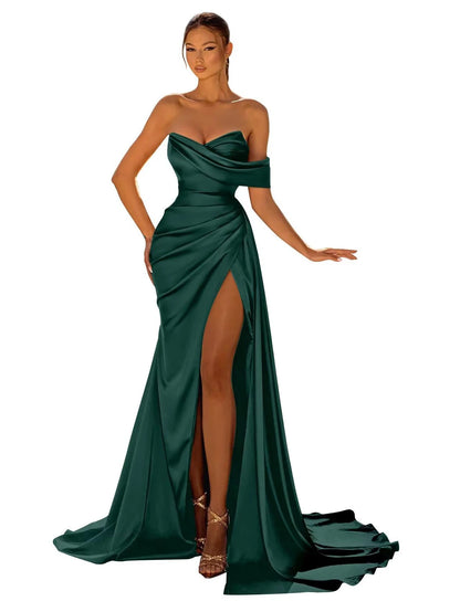 Long Mermaid Prom Dresses Satin with Slit Strapless Sweep Train Cocktail Party Formal Evening Gown robe de soiree Good Vibrations