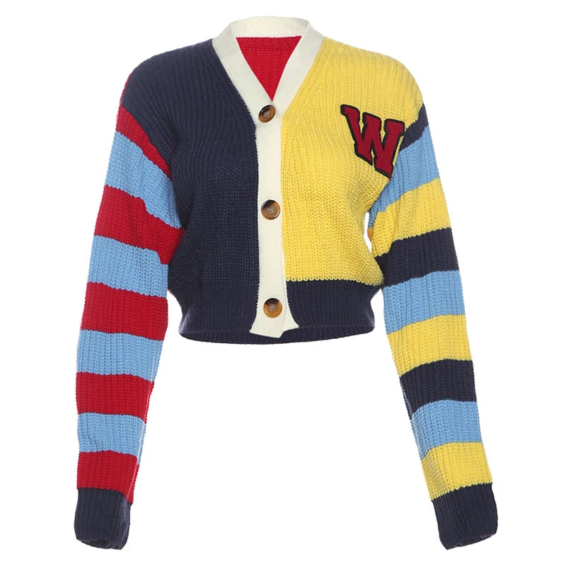 Weird Puss Y2K Cardigan Sweater Women Letter Print Casual Wild V-Neck Button Colorful Patchwork Street Trend Hipster Knit Coat Good Vibrations