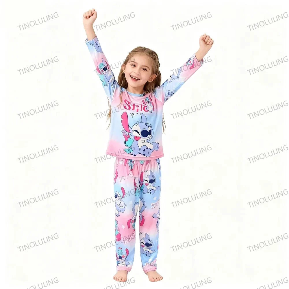 Children's Cartoon Stitch Pajamas Sets Boys Pijamas Girls Mickey Hello Kitty Sleepwear Comfortable Long Sleeve Nightwear Pjs Good Vibrations
