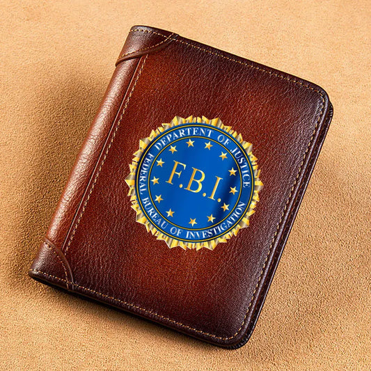 Brown genuine leather wallet with FBI Department of Justice logo and multiple card slots, unisex slim short design