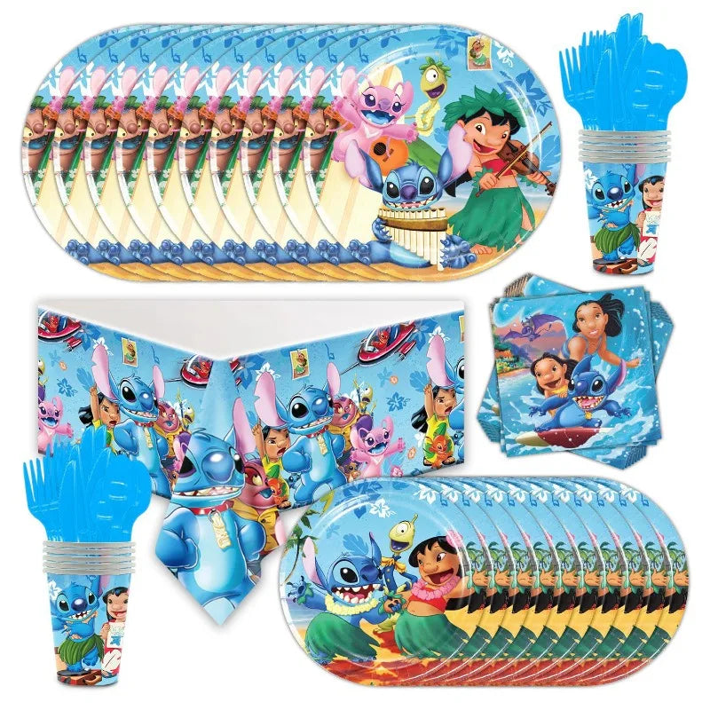 Disney Lilo Stitch Theme Birthday Party Supplies Tableware Set Children Birthday Party Cutlery Decoration Napkin Paper Cup Good Vibrations