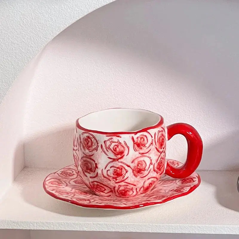 340ML Hand-painted Flower Love heart Ceramic Coffee Cup with Saucer Home Office Water Cup Breakfast Milk Juice Teacup Gift Set Good Vibrations