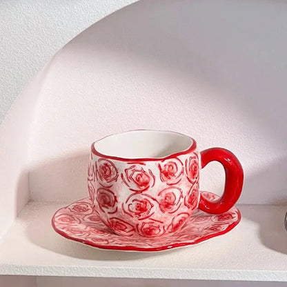 340ML Hand-painted Flower Love heart Ceramic Coffee Cup with Saucer Home Office Water Cup Breakfast Milk Juice Teacup Gift Set Good Vibrations