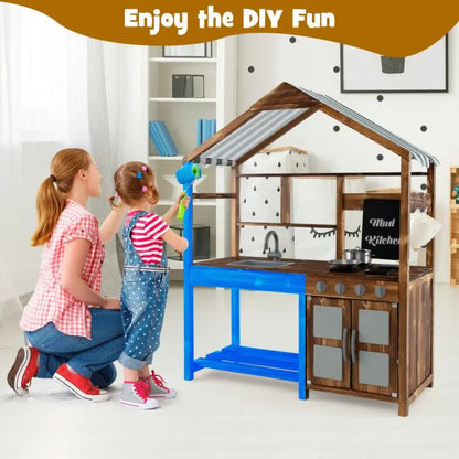 Solid Wood Outdoor Kid's Playhouse with Canopy Mud Kitchen for Outdoor Play Good Vibrations