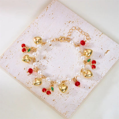 Charm Red Strawberry Bracelet For Women Cute Cherry Heart Shape Fruit Pearl Metal Chain Wristband Girls Party Friendship Jewelry Good Vibrations