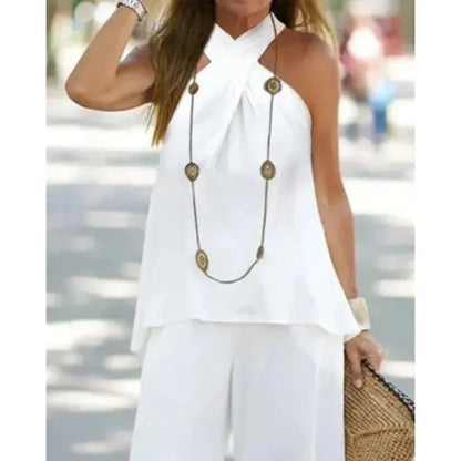 Women Two-Piece Set Halter Sleeveless V-Neck Top & High Waist Pants Set Casual Femme Fashion Loose Outfits for Woman Tracksuit Good Vibrations