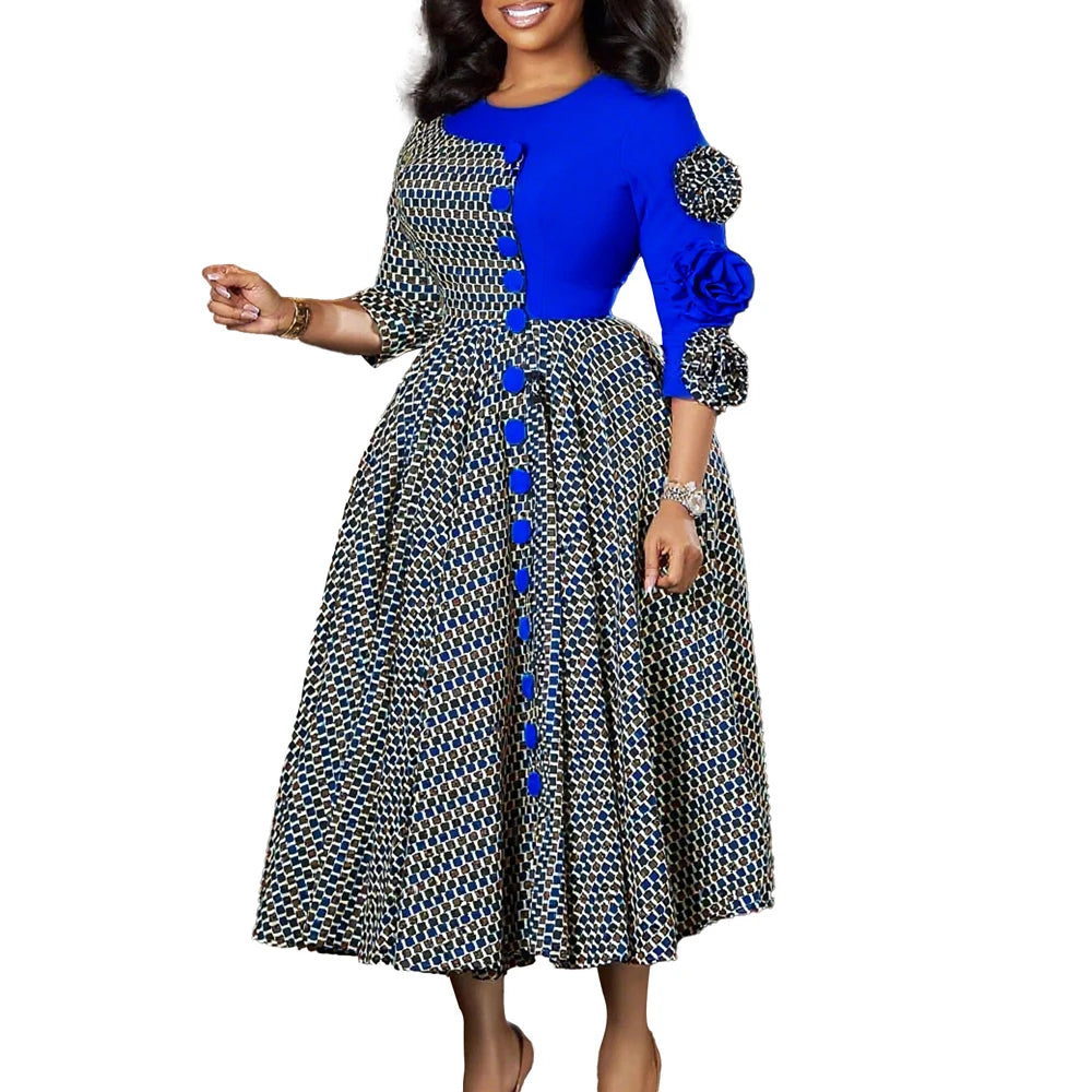 Elegant Dresses for Women 2025 Fall Fashion African 3/4 Sleeve Party Birthday New Robe Chic 3D Flower Plaid Evening A-Line Dress Good Vibrations