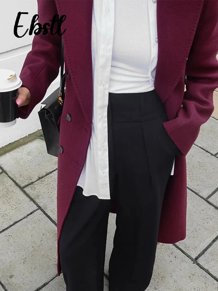 Wine Red Woolen Coats With Scarf Women Elegant Full Sleeve Double Breasted Long Overcoat 2025 Autumn Winter New Lady Streetwear Good Vibrations