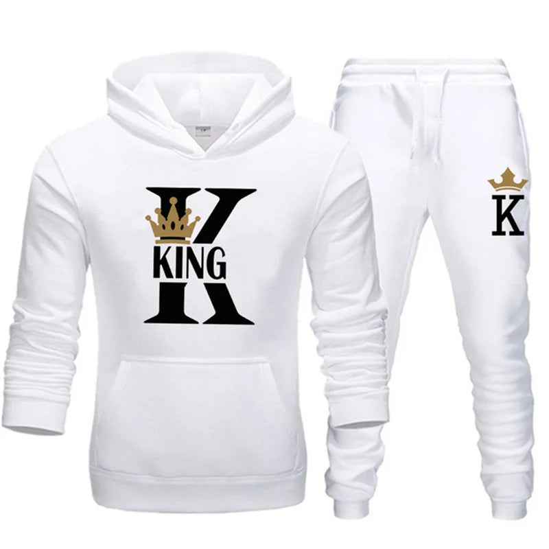 2024 New Autumn and Winter Men's and Women's Sweater Set KING QUEEN Loose Relaxed Hooded Print Couple Set Good Vibrations
