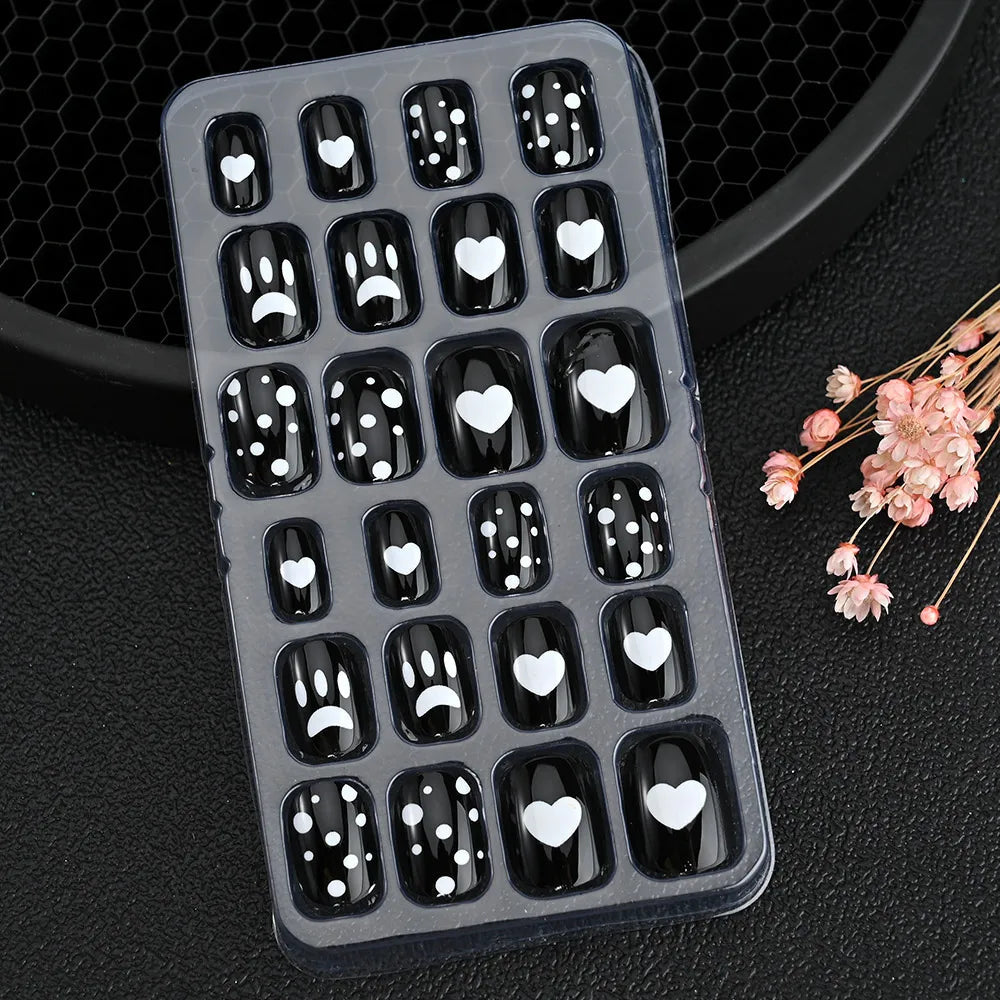24Pcs/box Kids nails for Girl Cartoon Pattern False Nail Cute Child Fake Nails Tips Kawaii Acrylic Artificial Press on Nail+Tool Good Vibrations
