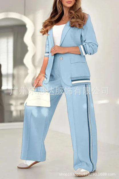Women Suit Jacket 2 Piece Sets Striped Blazer Coat Turn Down Collar Single Breasted Wide Leg Pants Ensemble Office Lady Outfits Good Vibrations