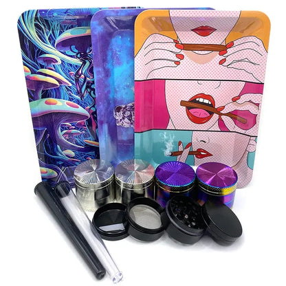 Metal herb grinder set with artistic rolling trays and smell-proof storage tube.