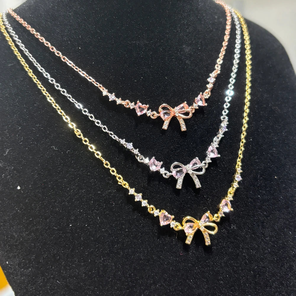 Y2K Exquisite Sweet Pink Zircon Bowknot Love Heart Chain Bracelet For Women Girls Party Birthday Jewelry Gift Good Vibrations Adult Super Store