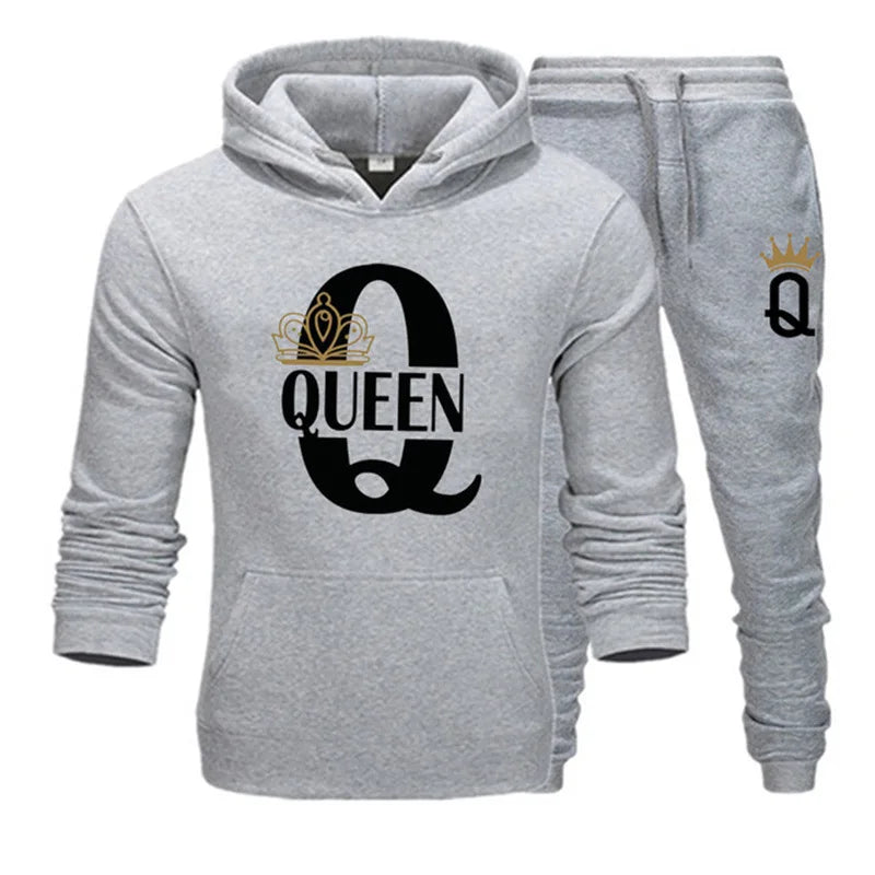 2024 New Autumn and Winter Men's and Women's Sweater Set KING QUEEN Loose Relaxed Hooded Print Couple Set Good Vibrations