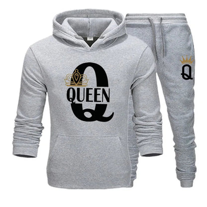 2024 New Autumn and Winter Men's and Women's Sweater Set KING QUEEN Loose Relaxed Hooded Print Couple Set Good Vibrations