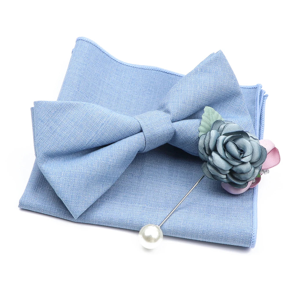 Mens Wedding Bowtie Brooch Set Romantic Solid Color Bamboo Fiber Bowknot Flower Lapel Pin Blue Pink Cravat Suit Shirt Accessory Good Vibrations