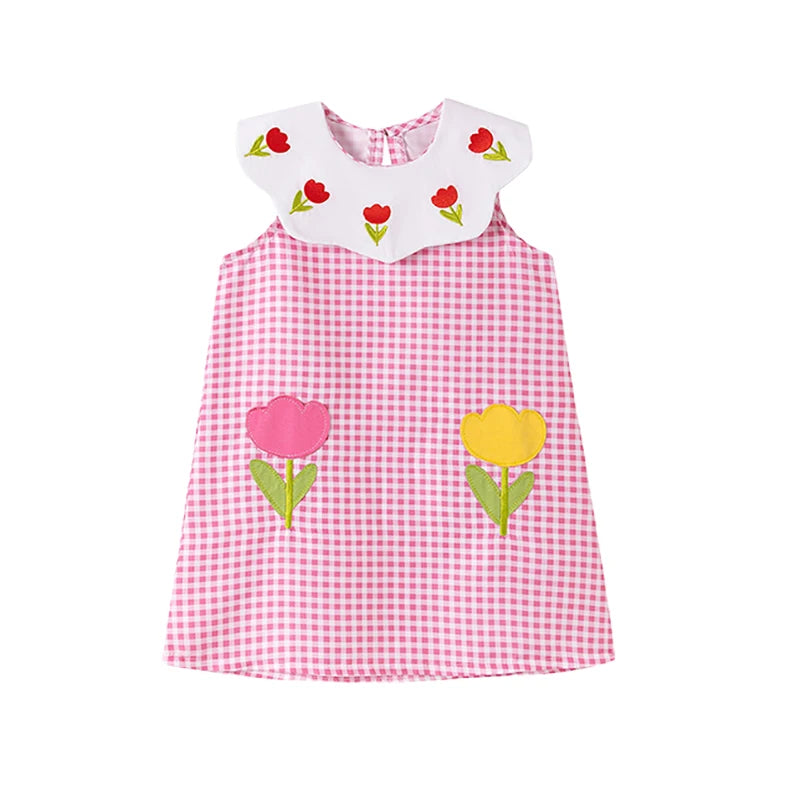 Little maven 2026 Summer Children's Clothing Baby Girls Cartoon Casual Plaid Flowers Pink Princess Dresses Kids Clothes Good Vibrations