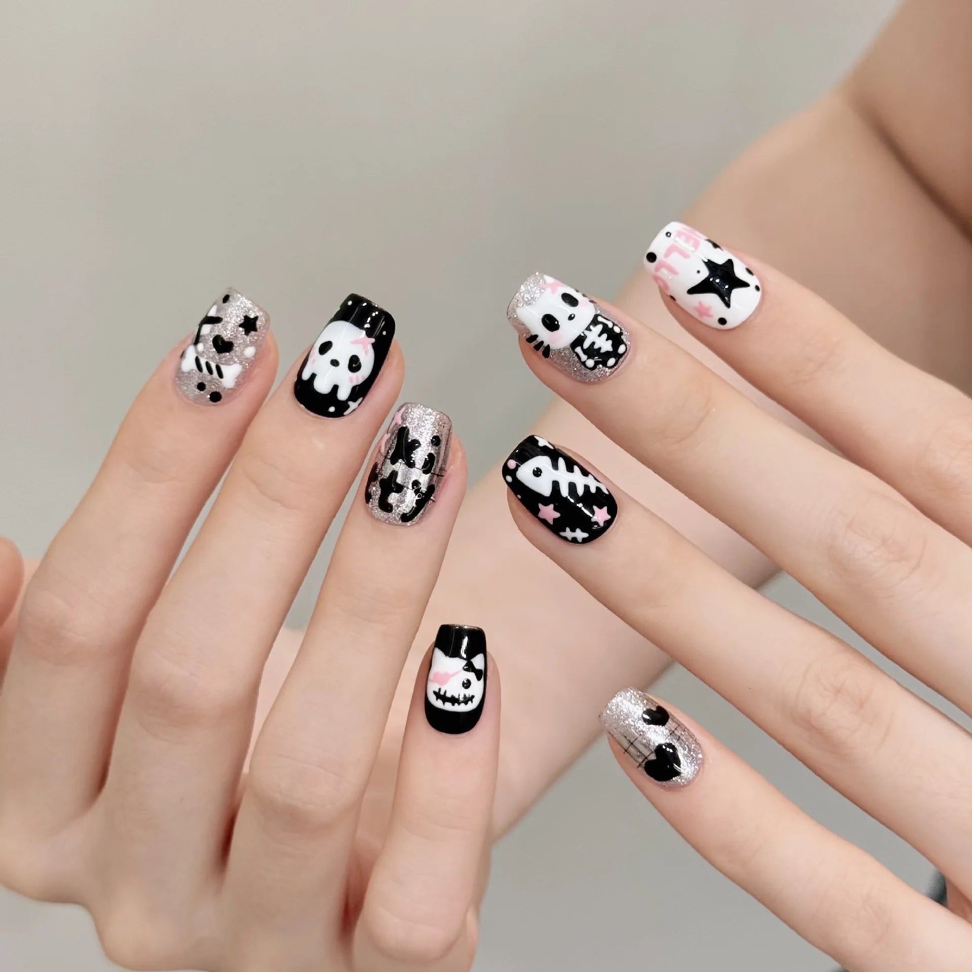 10pcs Sweet Cool Halloween Press On Nails Cute Little Cat Ghost Pattern Handmade False Nails Dark Black Personality Fake Nail Good Vibrations