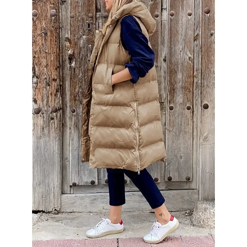 Women Autumn Winter Hooded Vest Coats Outwear Jacket Single-breasted Sleeveless Warm Solid Color Coats Parka Good Vibrations