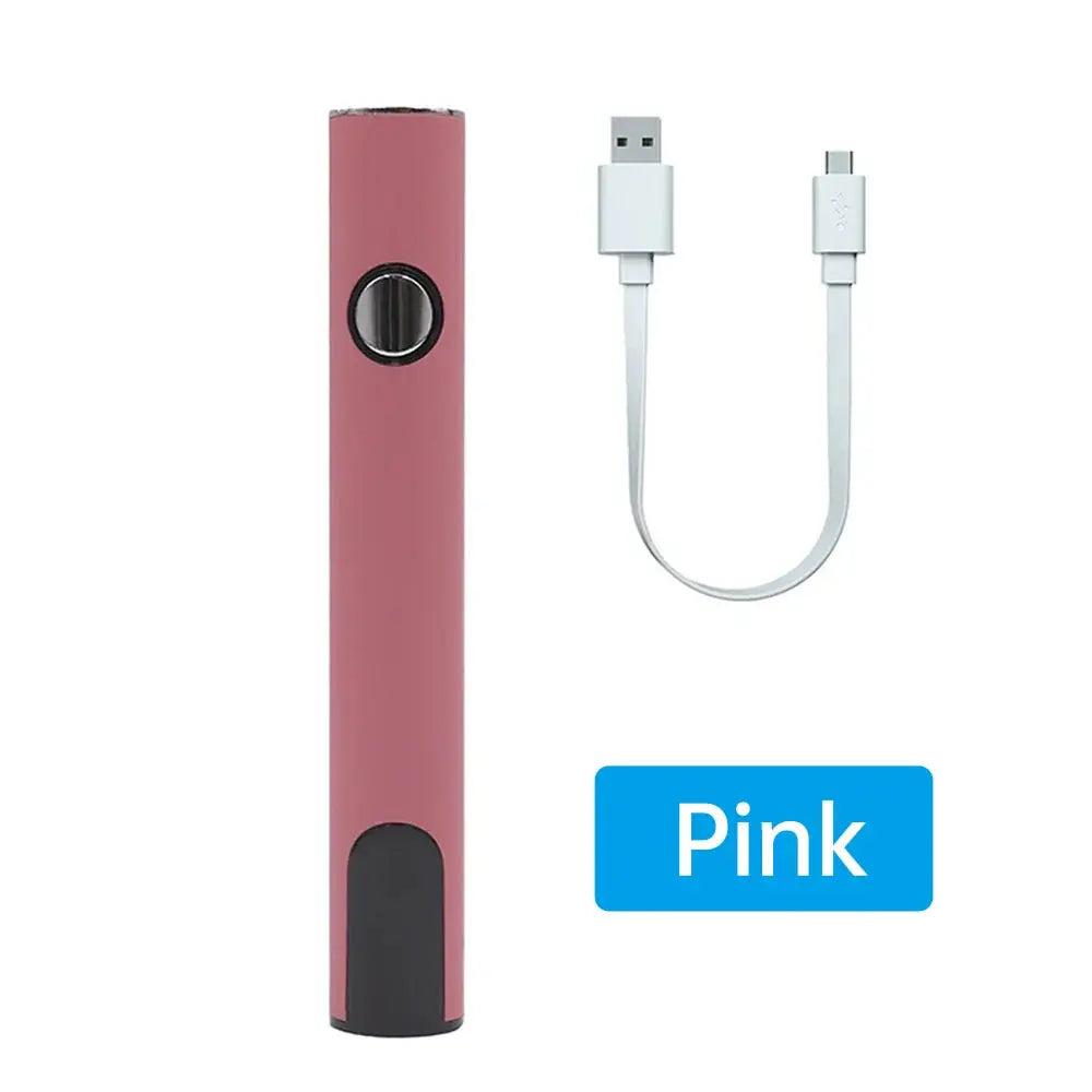Pink 510 thread battery pen with USB charger, compact design for electronics repair.