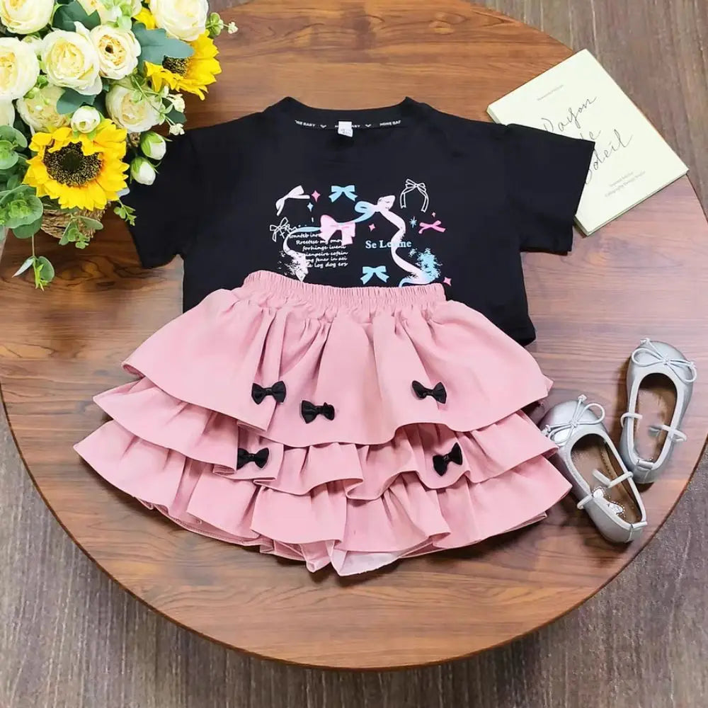 Outfits Y2K Bow Children Cake Skirt Set Pleated Teenagers T-shirt Skirt Suit Sweet Slim Fit Girls Clothes Set Summer Good Vibrations