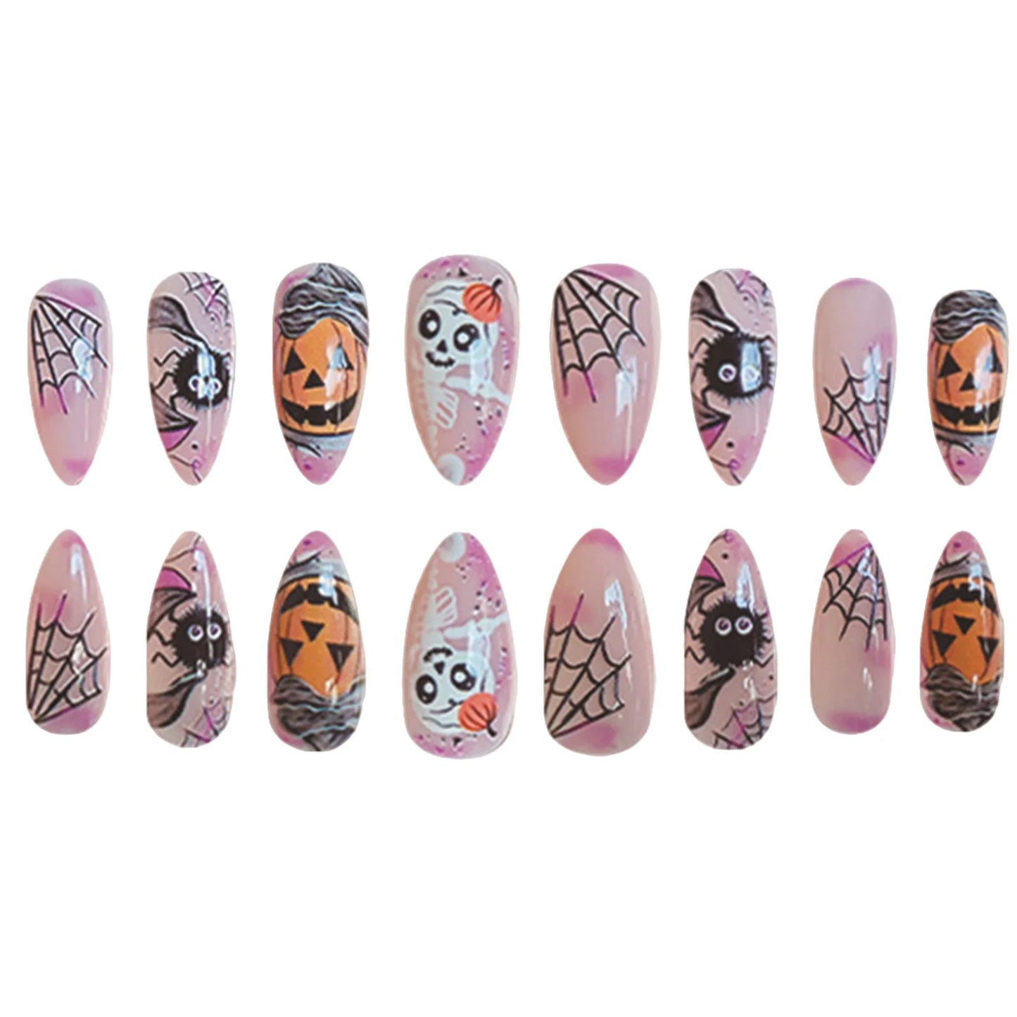 24pcs Light Pink Fake Nail Patches Pumpkin Spider Web Horror Skull Designs Press On Nails Halloween False Nail Wearable Manicure Good Vibrations