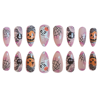 24pcs Light Pink Fake Nail Patches Pumpkin Spider Web Horror Skull Designs Press On Nails Halloween False Nail Wearable Manicure Good Vibrations