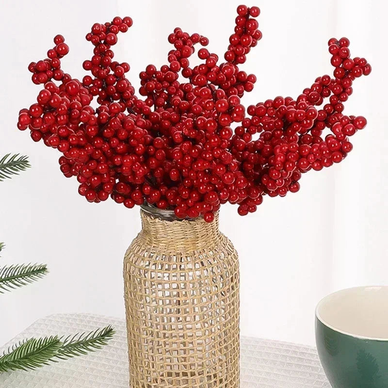 Christmas Red Berries Fake Plants Flowers Artificial Holly Berry Stamen Wreath Ornaments for Xmas Tree Party Home Decor Good Vibrations