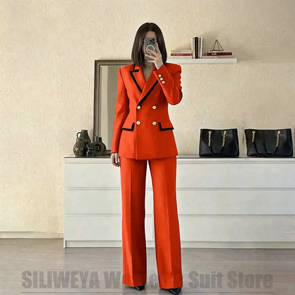 Women's Red Suit Two Piece Set Double Breasted Blazer with Black Trim and Pants Elegant Formal Fashion Daily Casual Party Tuxedo Good Vibrations