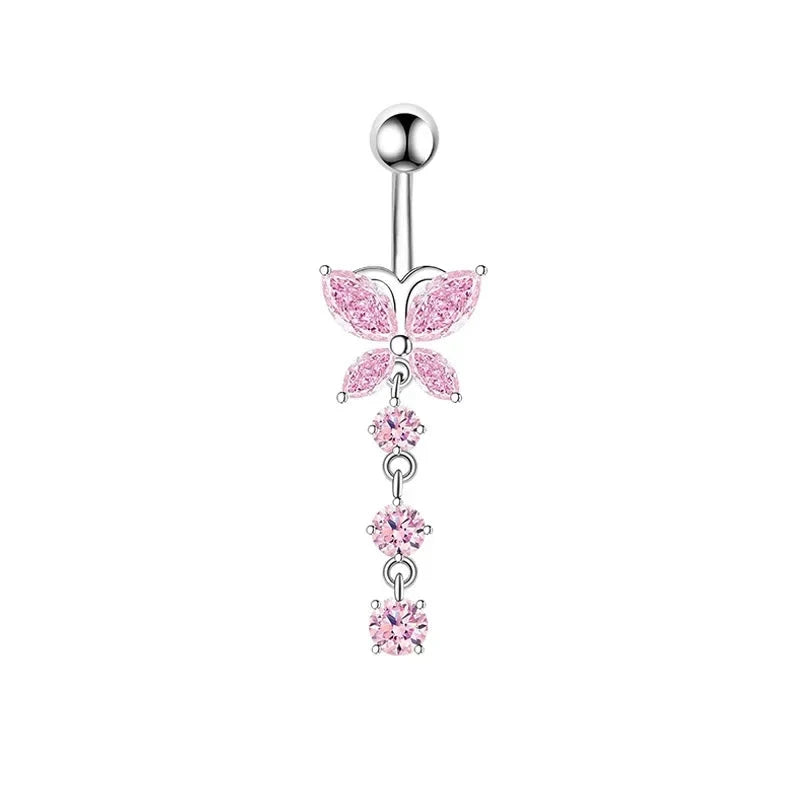 Fashion Pink Crystal Crown Belly Button Rings Stainless Steel Long Pendant Butterfly Heart Navel Piercing for Women Jewelry Good Vibrations Adult Super Store