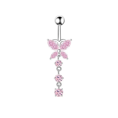 Fashion Pink Crystal Crown Belly Button Rings Stainless Steel Long Pendant Butterfly Heart Navel Piercing for Women Jewelry Good Vibrations Adult Super Store