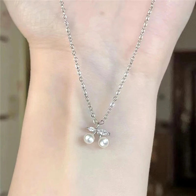 Huitan Chic Small Cherry Pendant Necklace for Women Simulated Pearl Accessories for Engagement Ceremony Zirconia Jewelry Gifts Good Vibrations