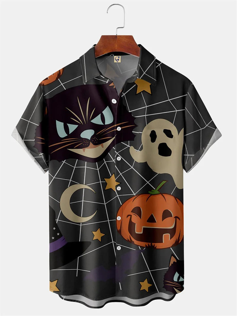 Men's Fashion Halloween Shirt Summer Cute Style Men's Clothing Party Holiday Men Top Pumpkin Head Print Boys' Short Sleeve Shirt Good Vibrations