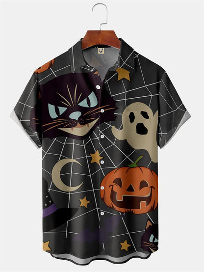 Men's Fashion Halloween Shirt Summer Cute Style Men's Clothing Party Holiday Men Top Pumpkin Head Print Boys' Short Sleeve Shirt Good Vibrations