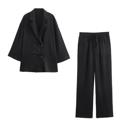 2024 Autumn Women Casual Blazer Coat Pants Set Long Sleeve Double Breasted Blazer + Wide Leg Trousers Lady Office Outfit Good Vibrations