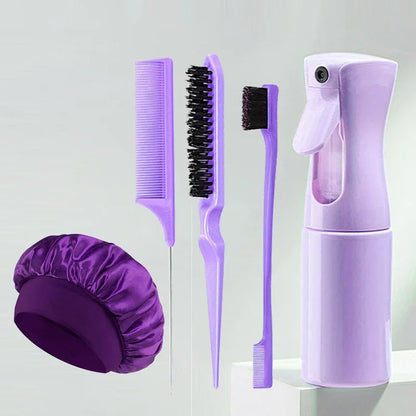 5pcs Hair Styling Set: Includes Hair Spray Bottle, Sleeping Rat Tail Comb, Sectioning Comb, and Edge Brush  Hair Cap Salon Good Vibrations