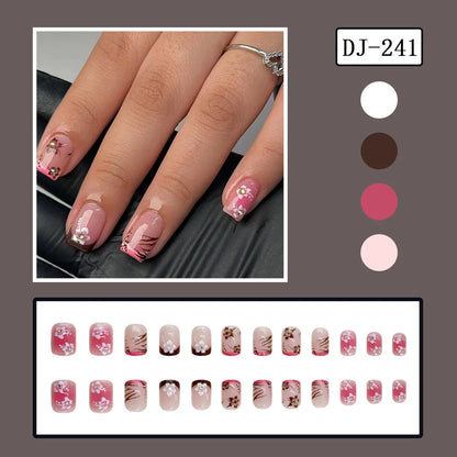 24pcs y2k Black French Press on Nails Short Square Pink Heart Fake Nails Full Cover Wearable Sweet Valentine's Day False Nails Good Vibrations